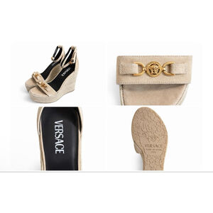 New Versace Beige Gold Medusa Espadrille Wedge Sandals 38.5/8.5